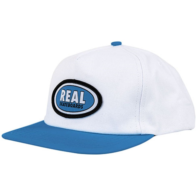 Real Skateboards Hat Oval Snapback White/Blue Patch