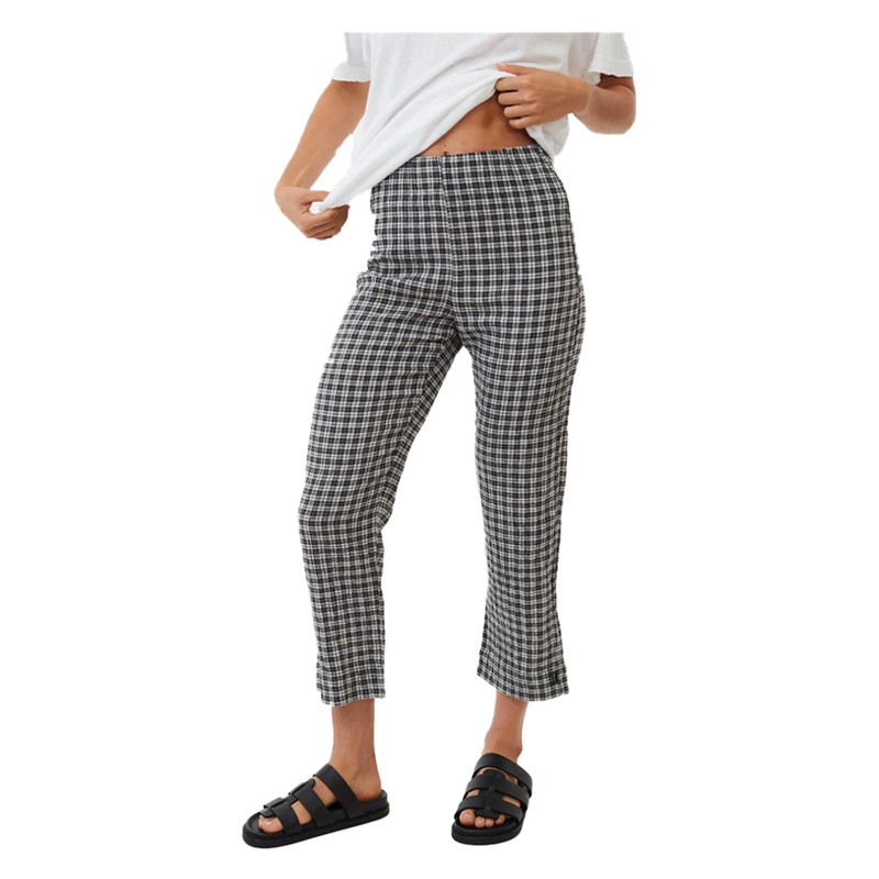 Afends Asta Seeksucker Check Hemp Ladies High Waisted Pants Steel Small Steel